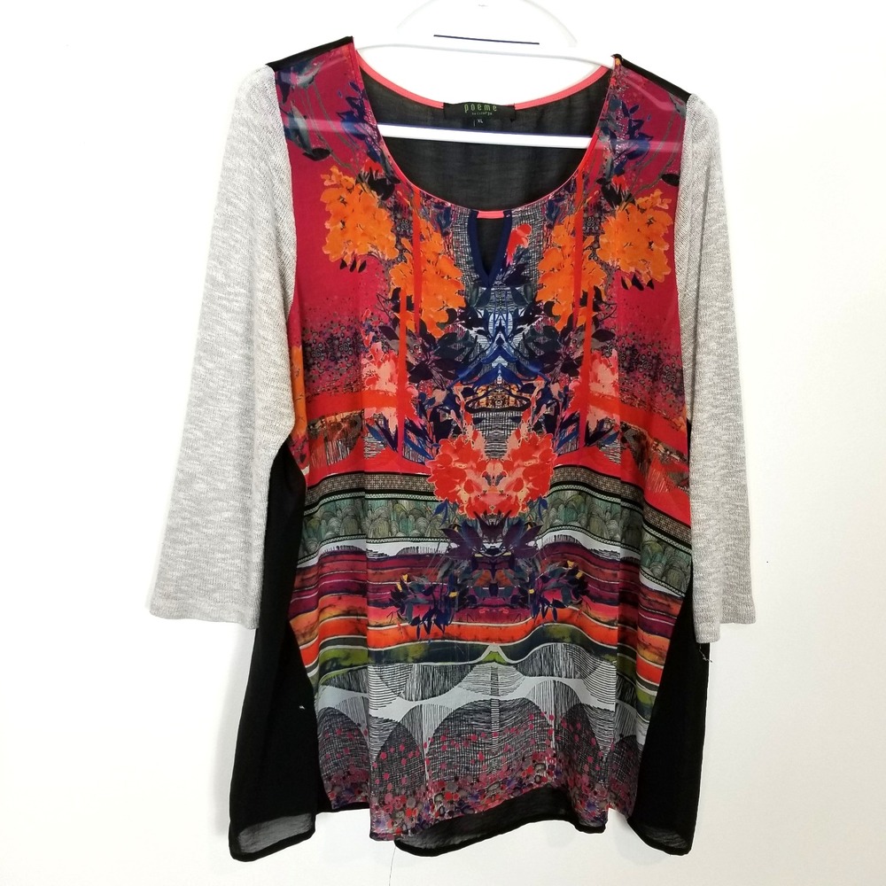 Poeme by Citron Women Silk Blend Artsy‎ Printed Blouse Top Sz XL Multicolor Boho